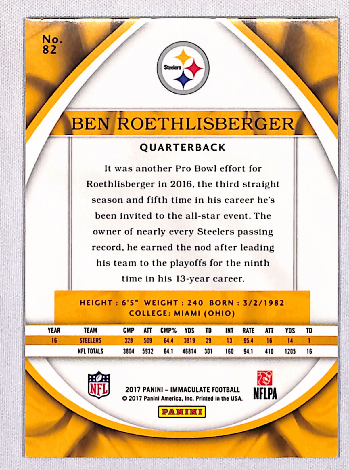 Ben Roethlisberger 2017 Panini Immaculate Collection #82 #/99
