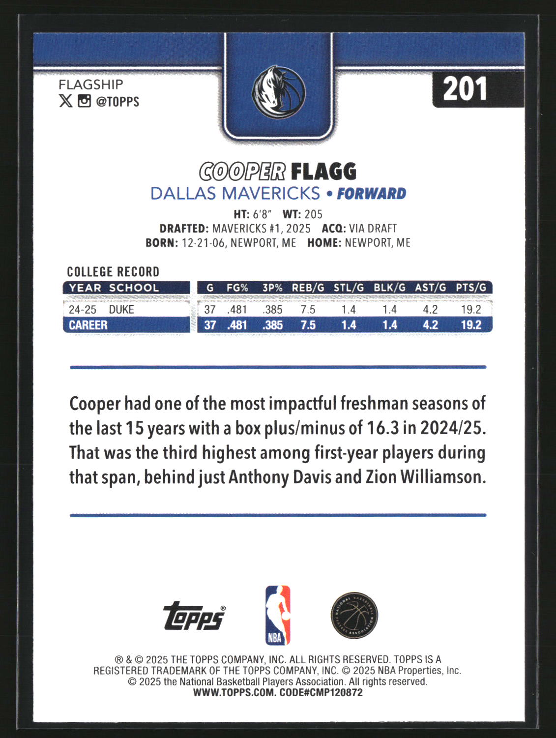 Cooper Flagg 2025-26 Topps #201