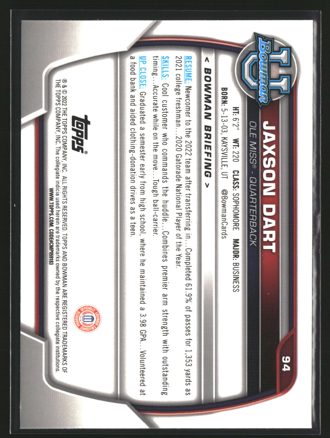 Jaxson Dart 2022 Bowman University Chrome Pink Refractor #94