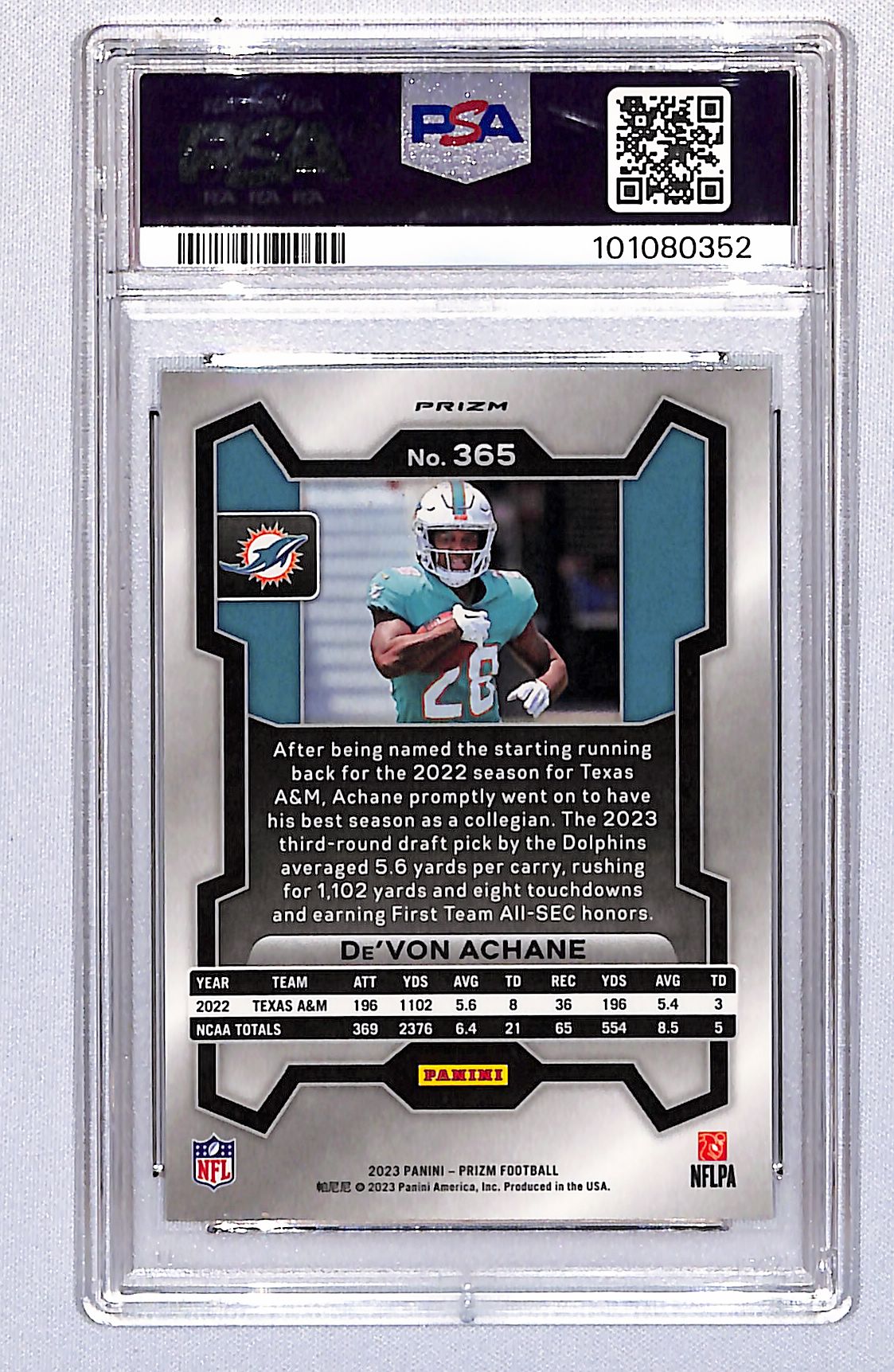 De'Von Achane 2023 Panini Prizm Green Wave #365 PSA 9