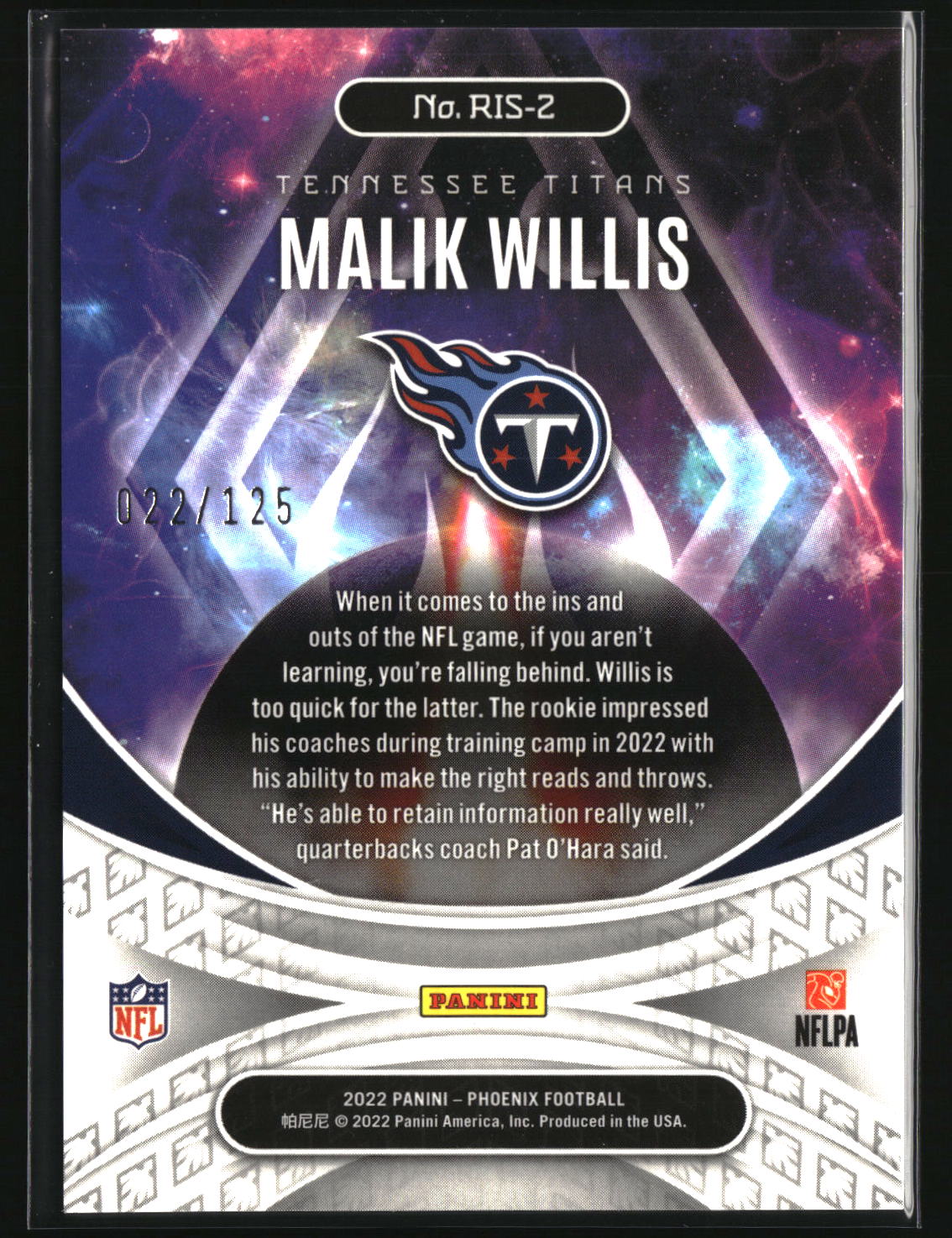 Malik Willis 2022 Panini Phoenix Rookie Rising Purple #RIS-2 #/125