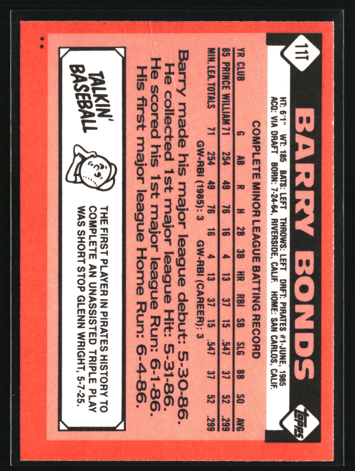 Barry Bonds 1986 Topps Traded #11T