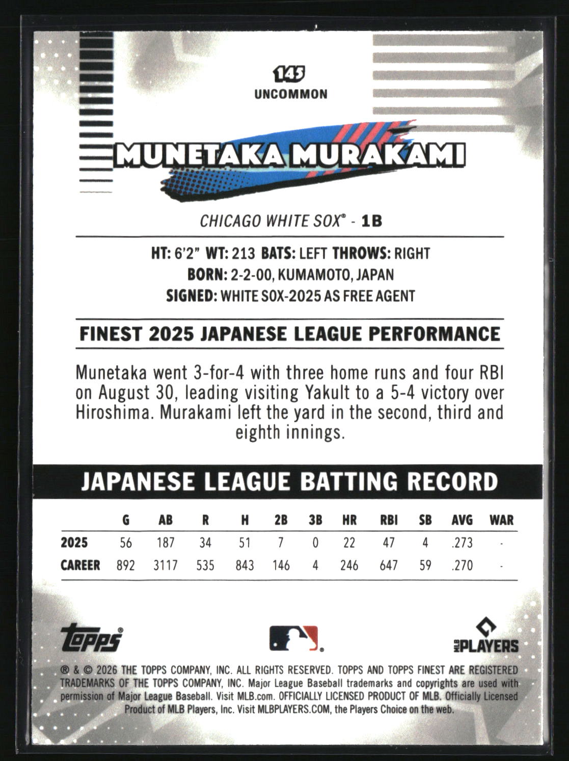 Munetaka Murakami 2026 Finest Mini-Diamond Refractors #145