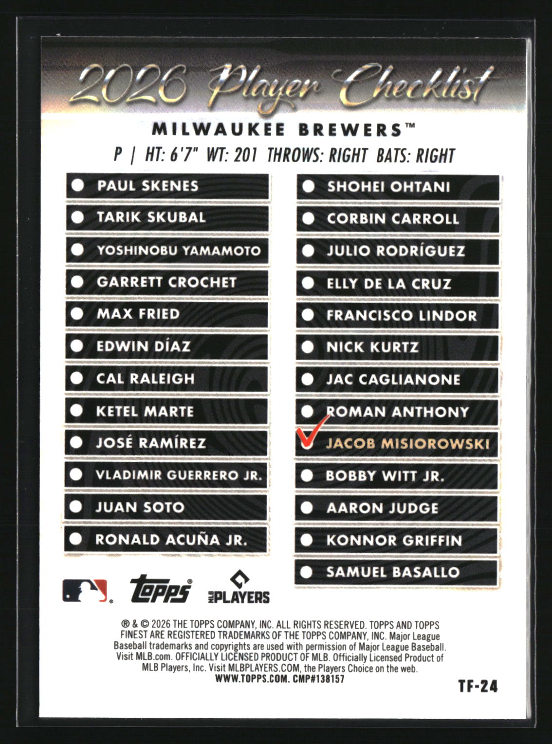 Jacob Misiorowski 2026 Finest Topps Team Finest #TF-24