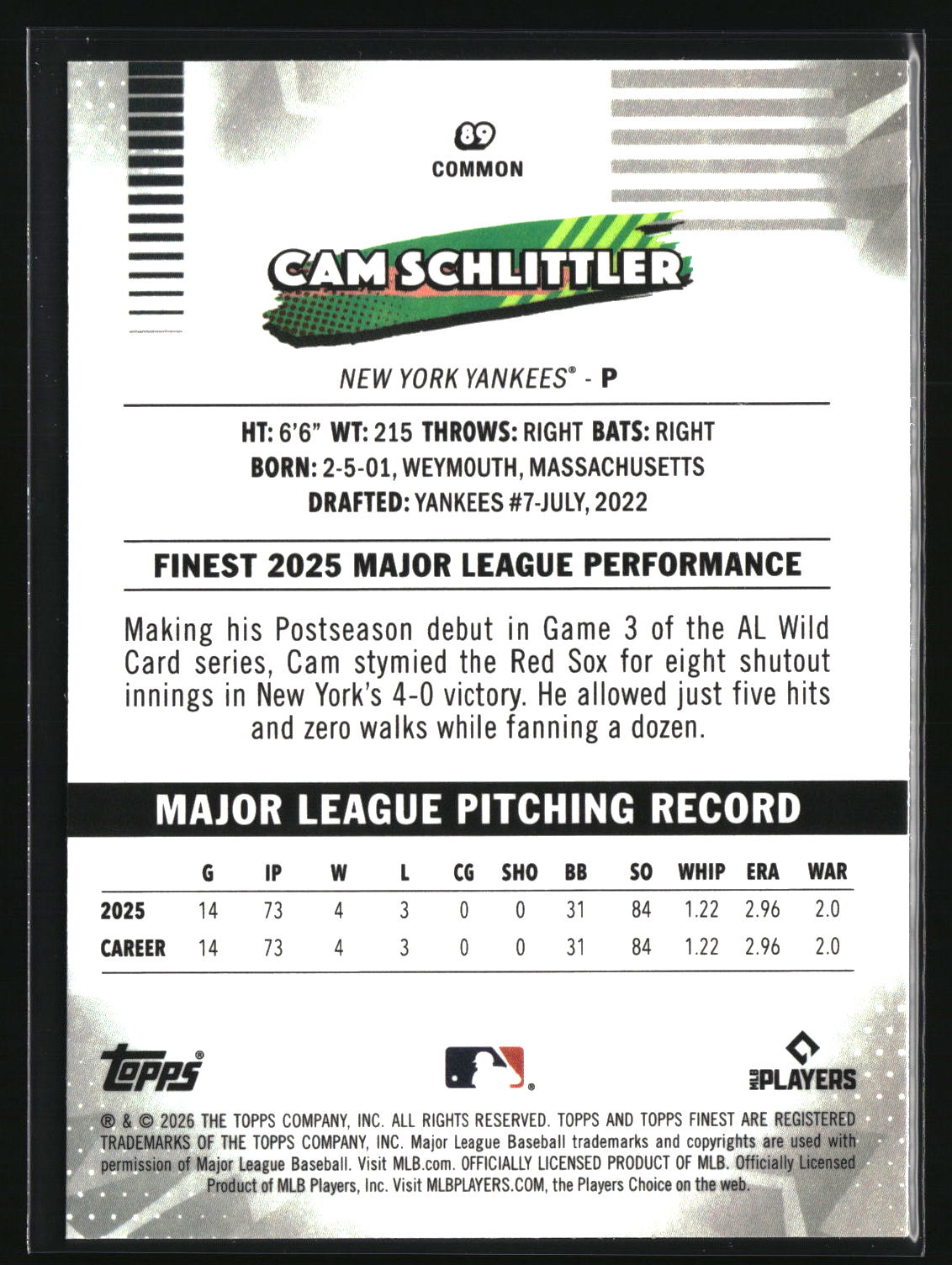 Cam Schlittler 2026 Finest #89