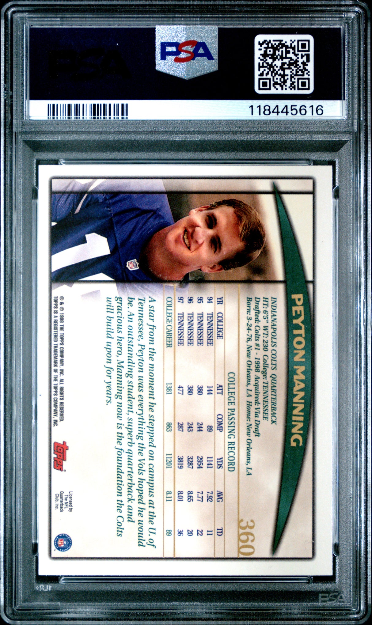 Peyton Manning 1998 Topps #360 PSA 9