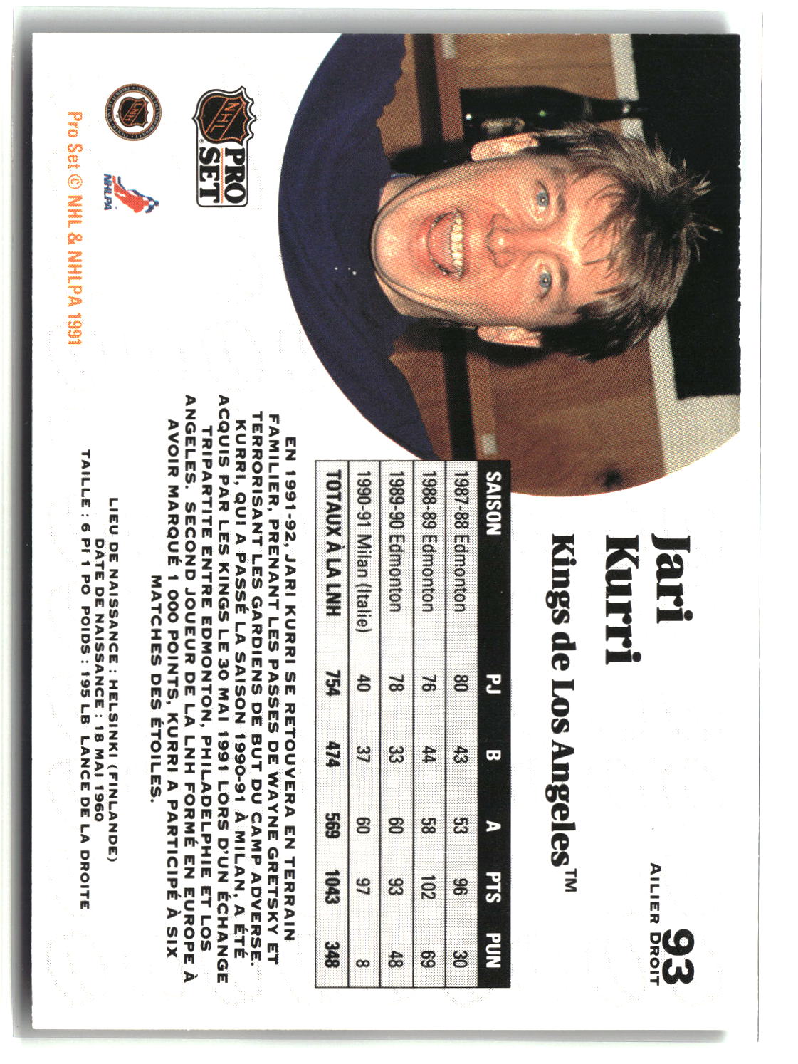 Jari Kurri 1991-92 Pro Set French #93