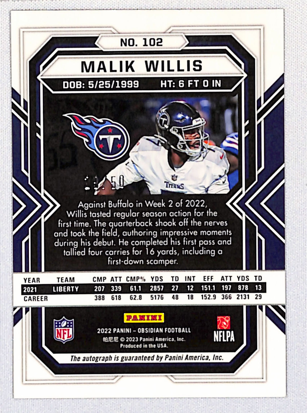 Malik Willis 2022 Panini Obsidian Rookie Autos Electric Etch Green #102 #/50