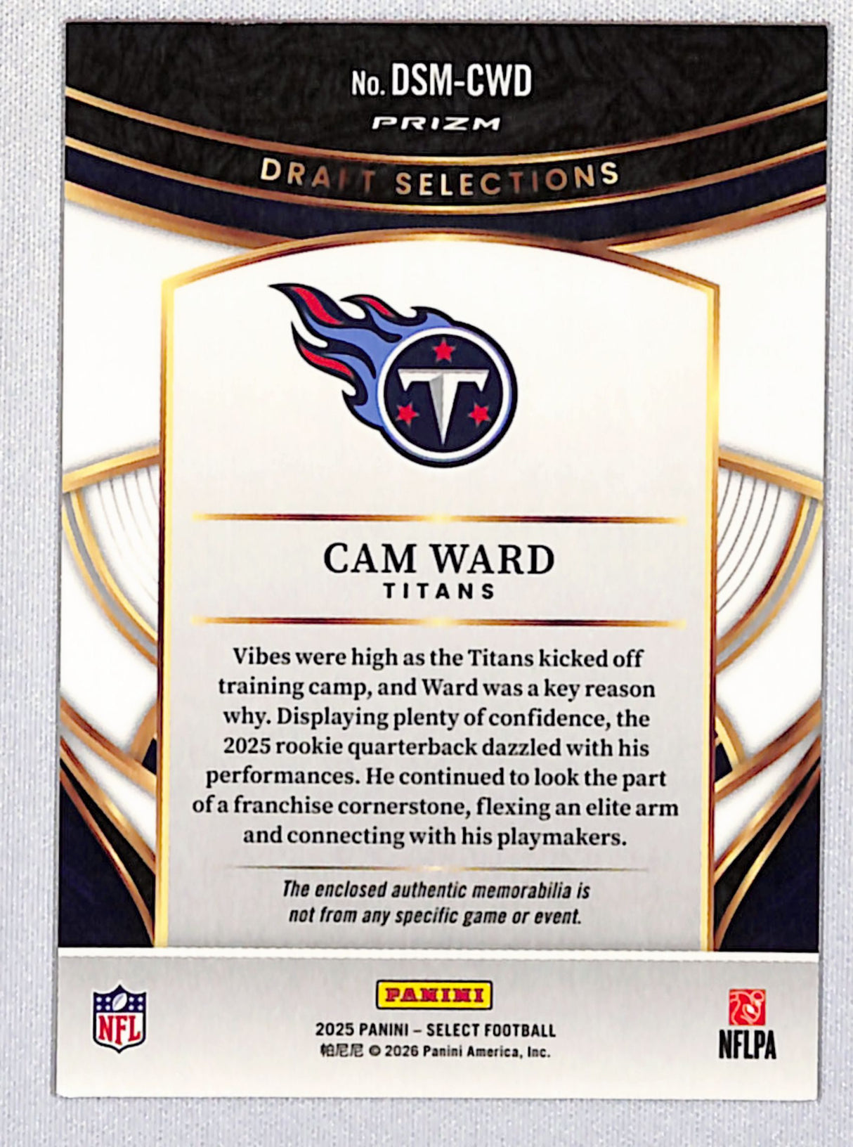Cam Ward 2025 Panini Select Draft Selections Memorabilia Red Prizm #DSM-CWD