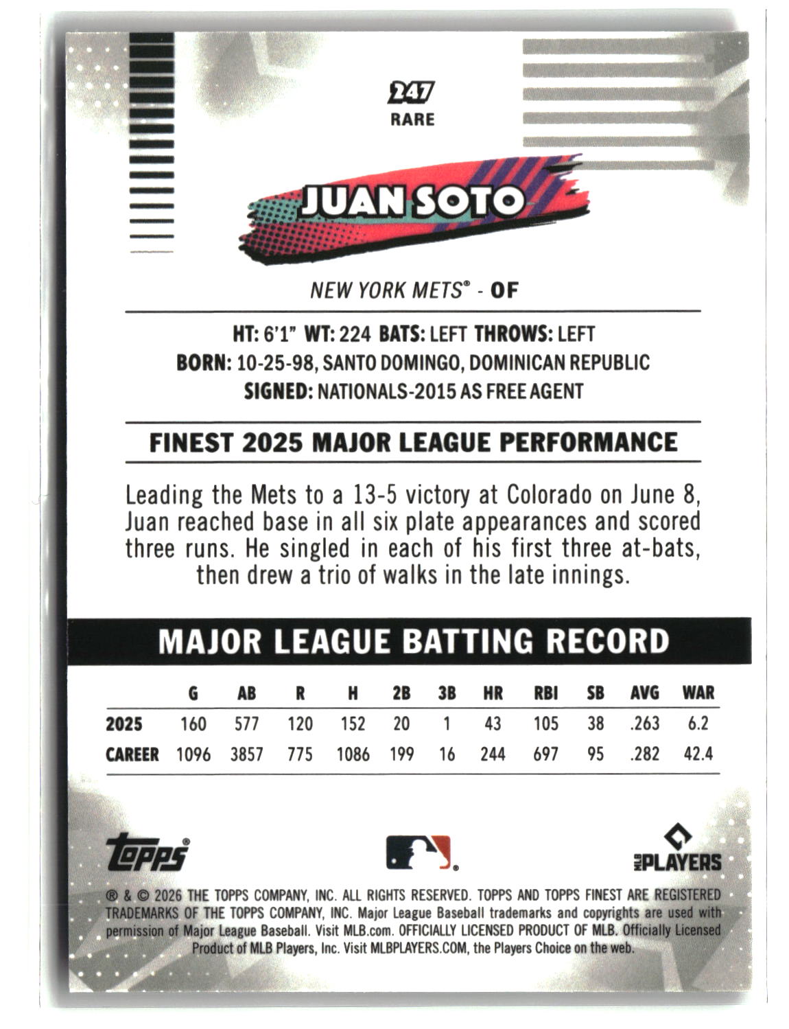 Juan Soto 2026 Finest Pink Refractors #247 #/250