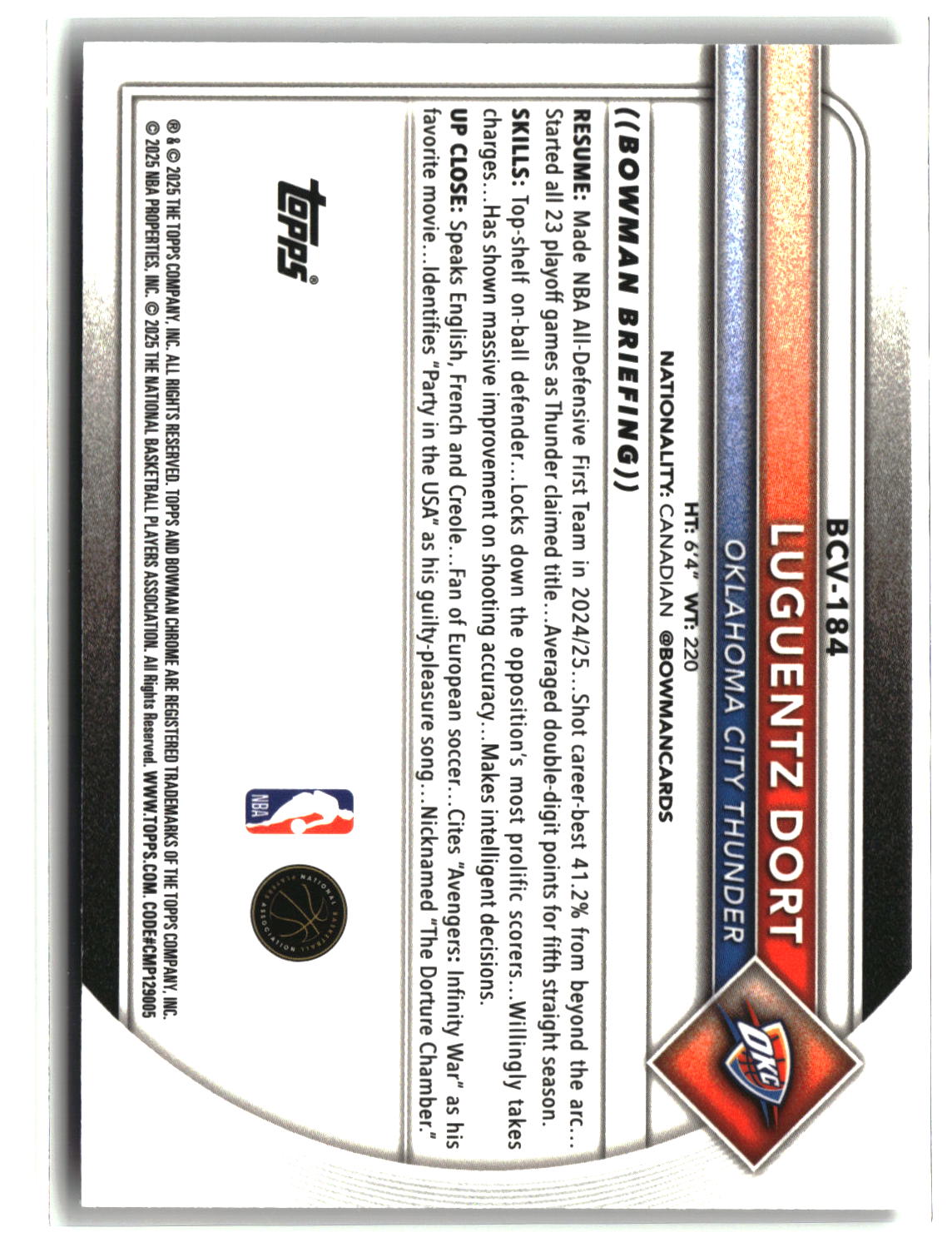 Luguentz Dort 2025-26 Bowman Chrome Floorboard Refractors #BCV-184 #/125