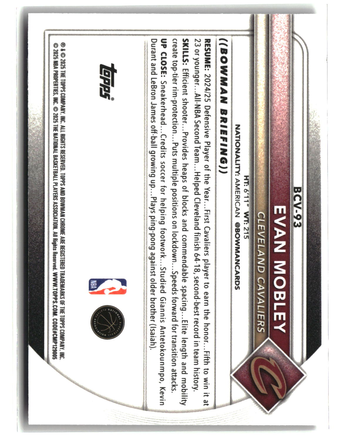 Evan Mobley 2025-26 Bowman Chrome Fuchsia Refractors #BCV-93 #/199