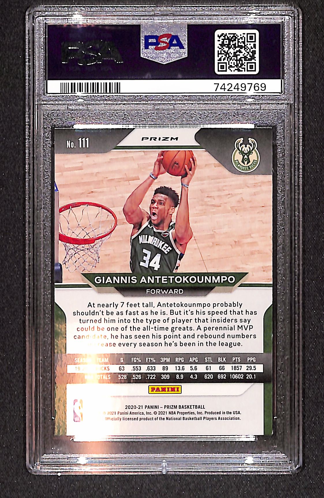 Giannis Antetokounmpo 2020-21 Panini Prizm White Sparkle Prizm #111 PSA 9