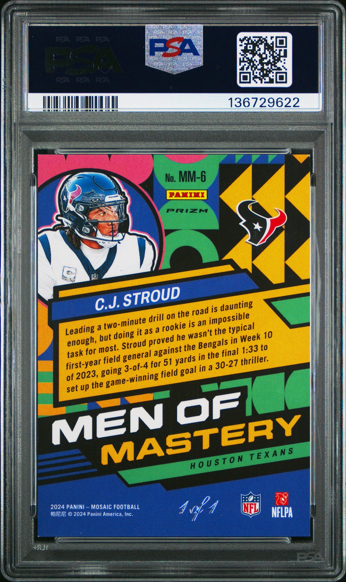 C.J. Stroud 2024 Panini Mosaic Men of Mastery Mosaic Black #6 #/1 PSA 8
