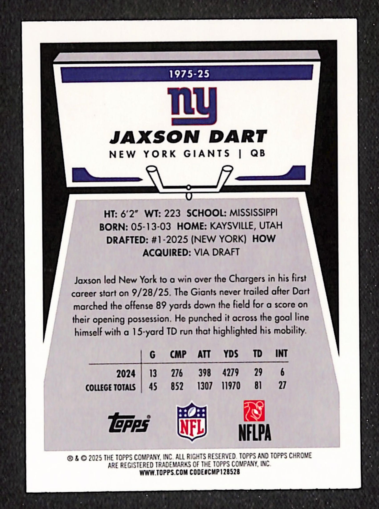 Jaxson Dart 2025 Topps Chrome 1975 Topps Yellow Refractor #1975-25 #/275