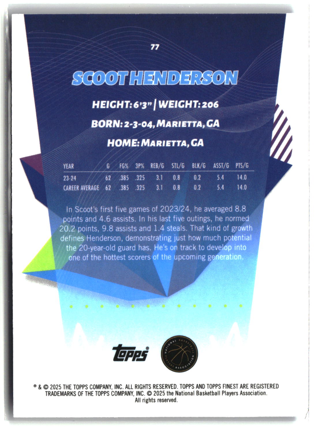 Scoot Henderson 2024-25 Finest Purple Refractor #77 #/200