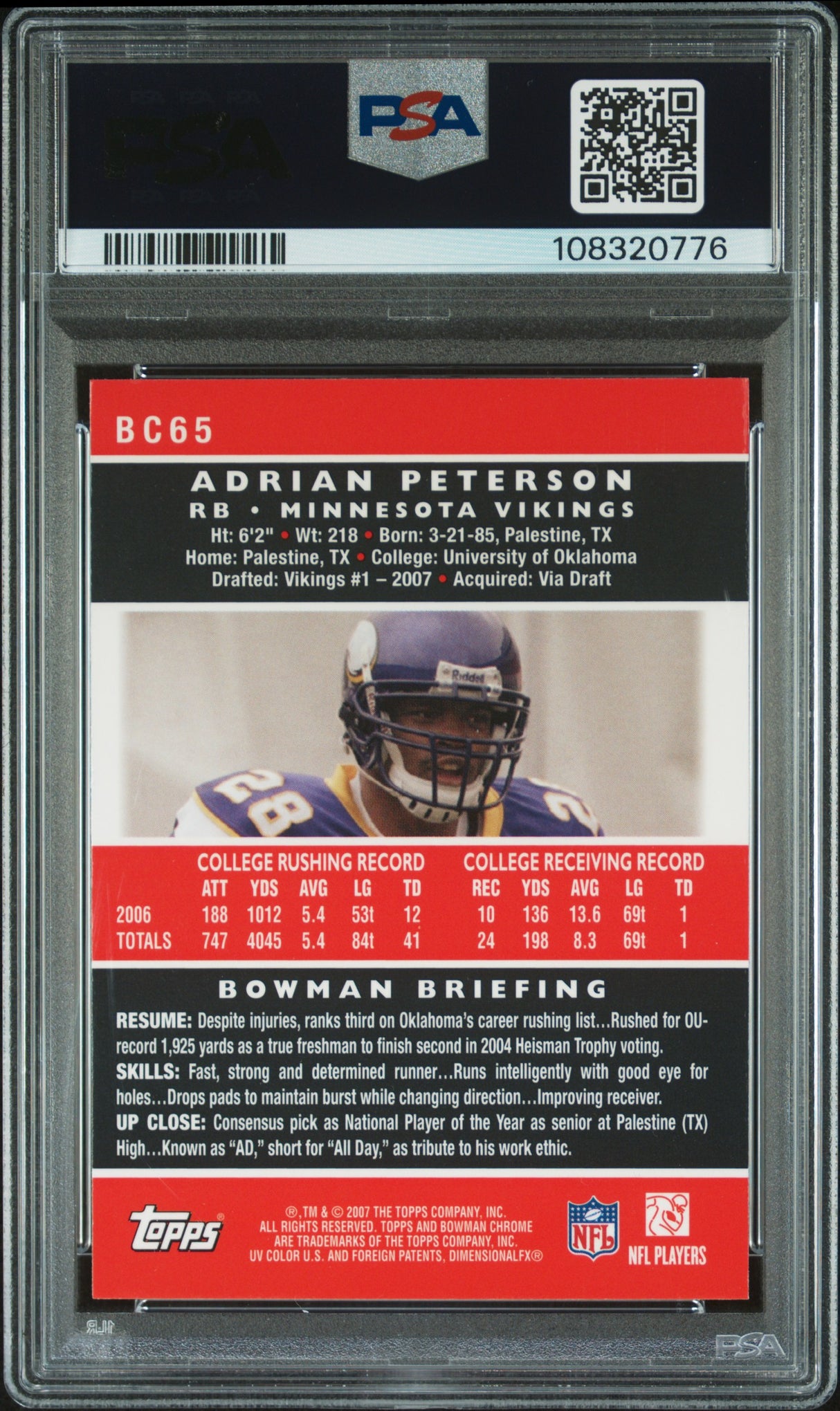 Adrian Peterson 2007 Bowman Chrome #BC65 PSA 8