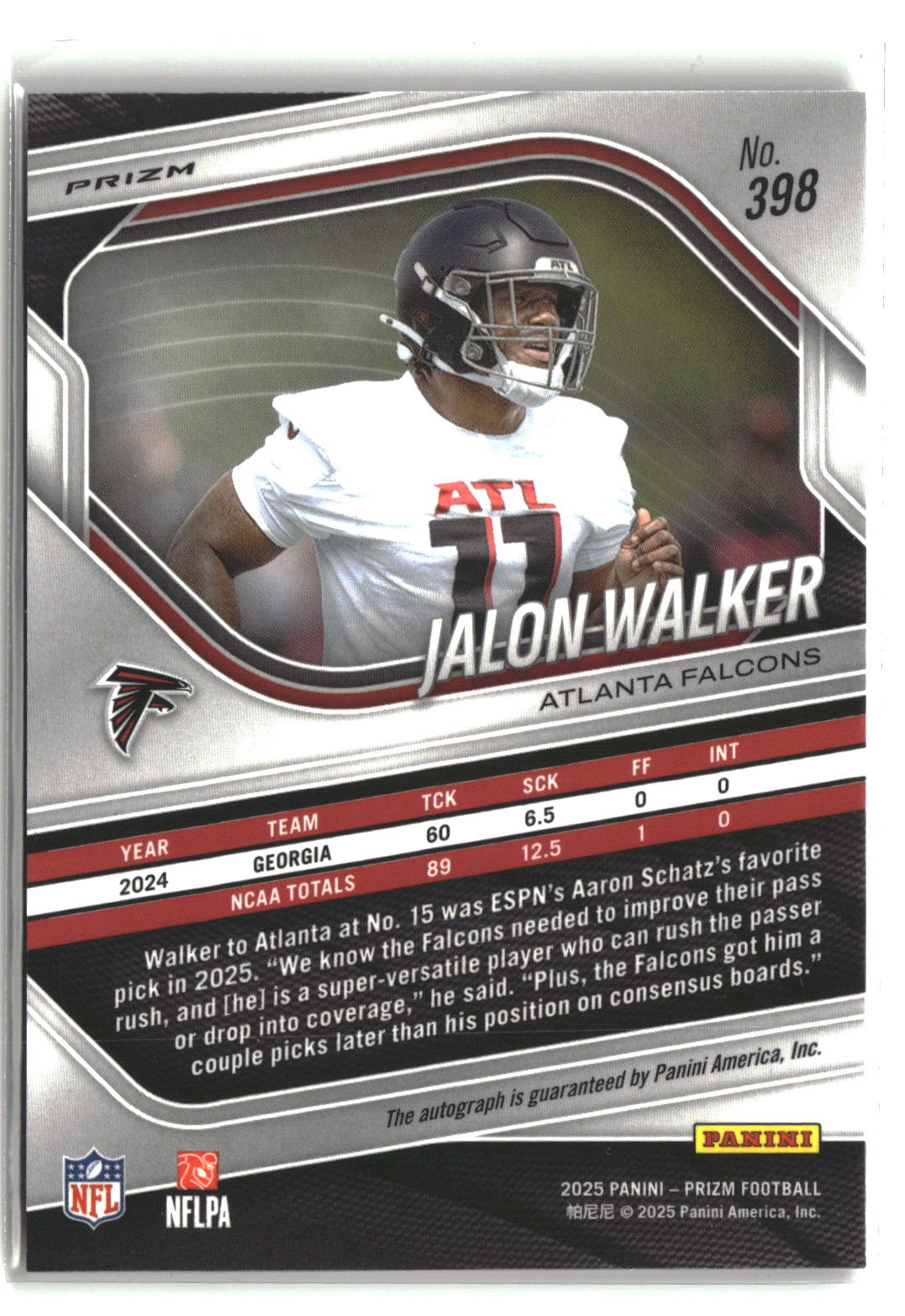 Jalon Walker 2025 Panini Prizm Prizm Rookie Autographs Pink #398