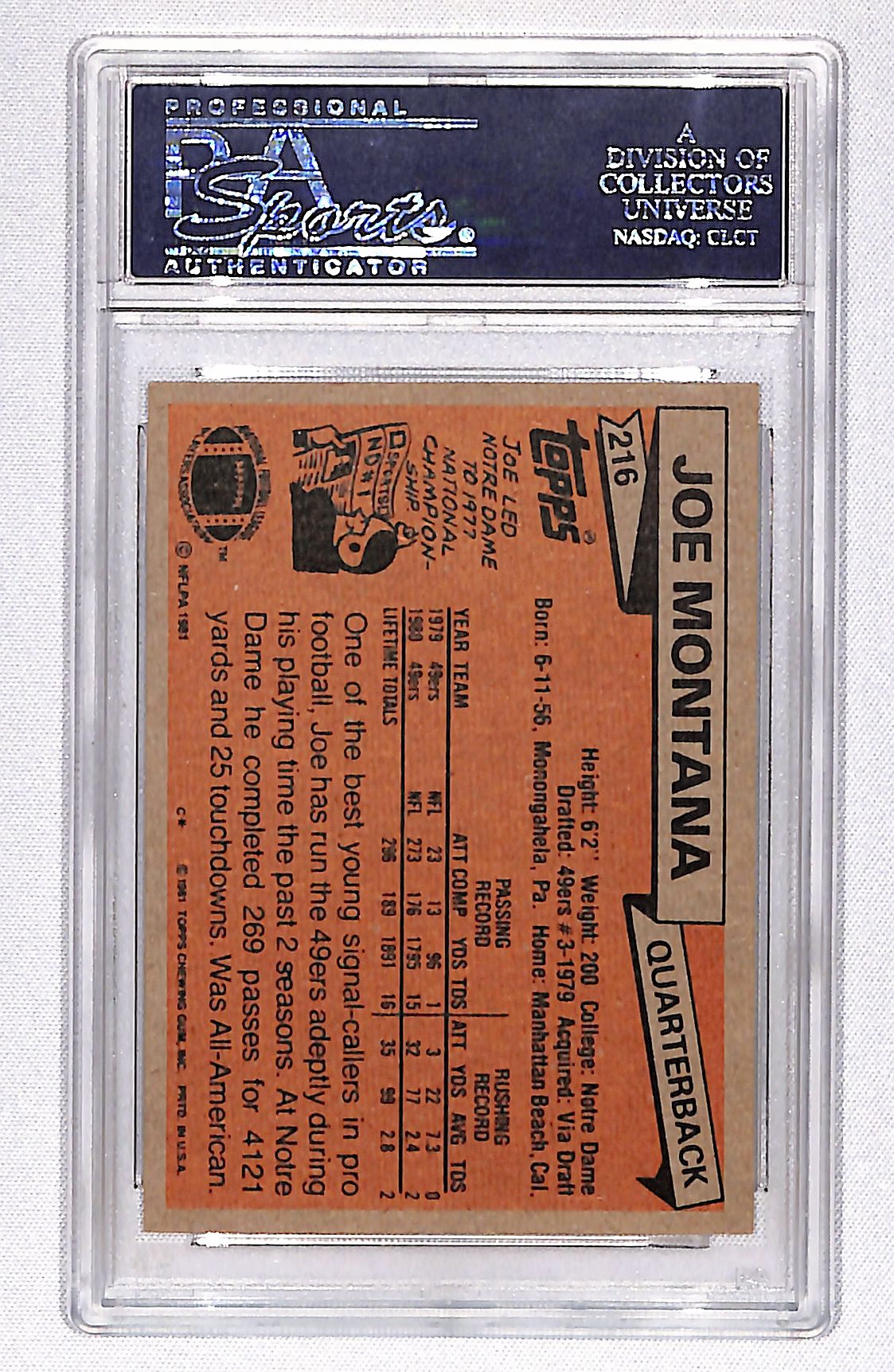 Joe Montana 1981 Topps #216 PSA 7