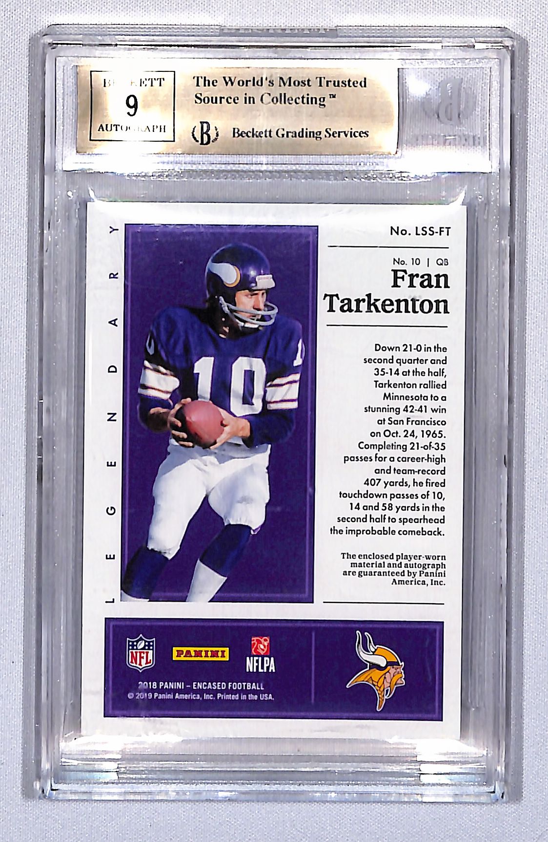 Fran Tarkenton 2018 Panini Encased Legendary Swatch Signatures Gold #LSS-FT 3/10