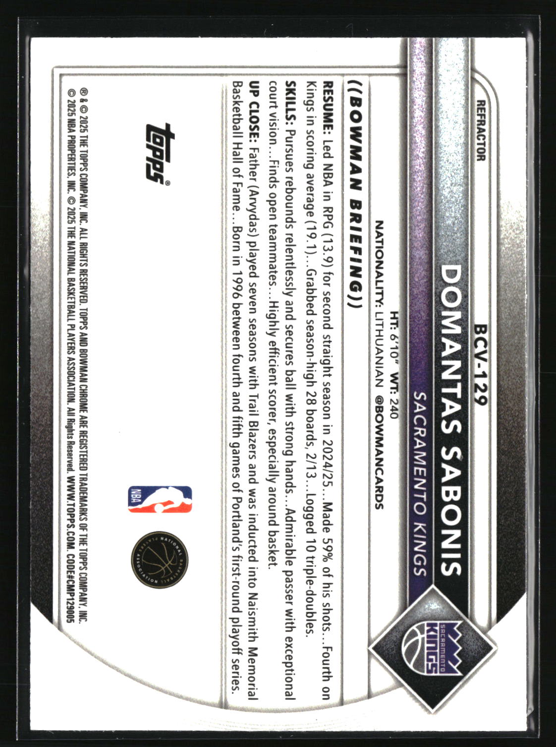 Domantas Sabonis 2025-26 Bowman Chrome Refractor #BCV-129 #/499