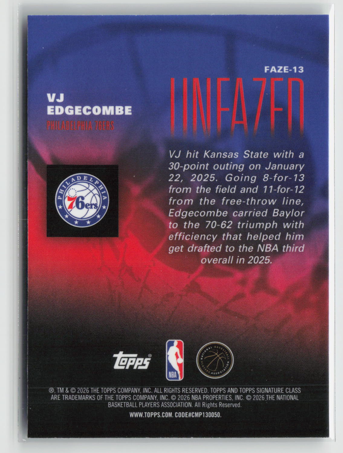 VJ Edgecombe 2025-26 Topps Signature Class Unfazed #FAZE-13
