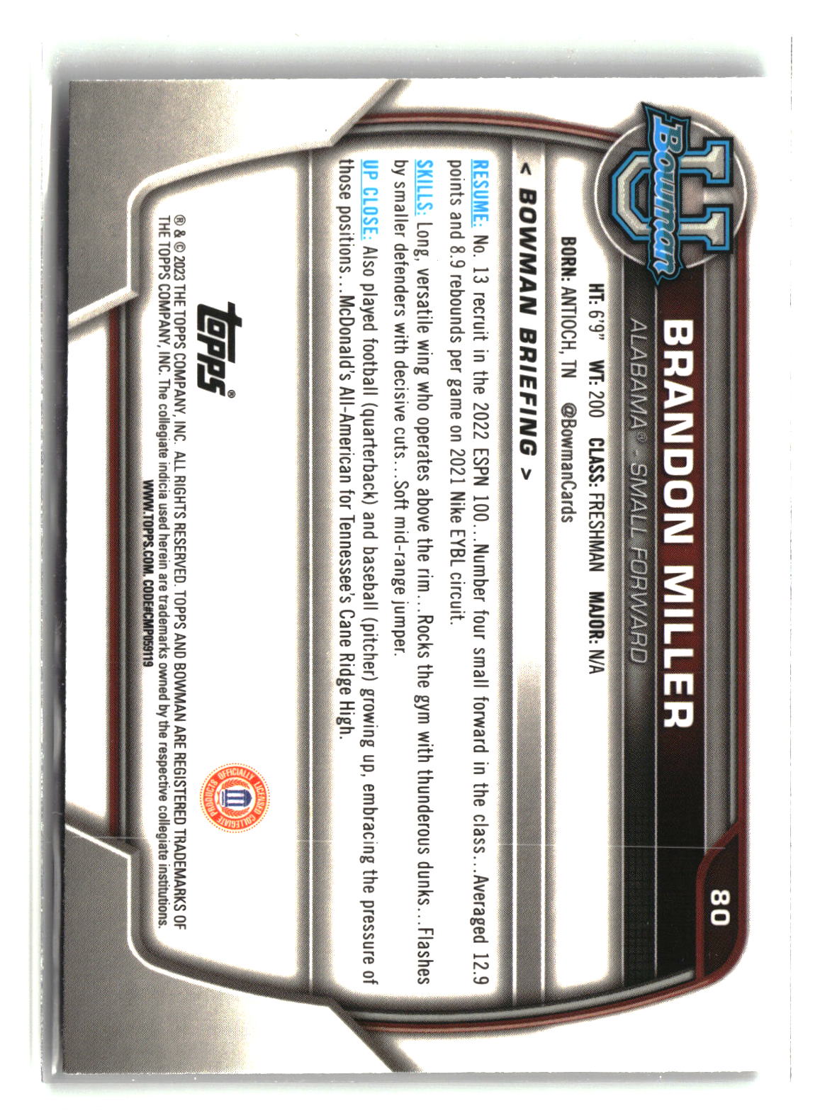 Brandon Miller 2022-23 Bowman University Chrome #80