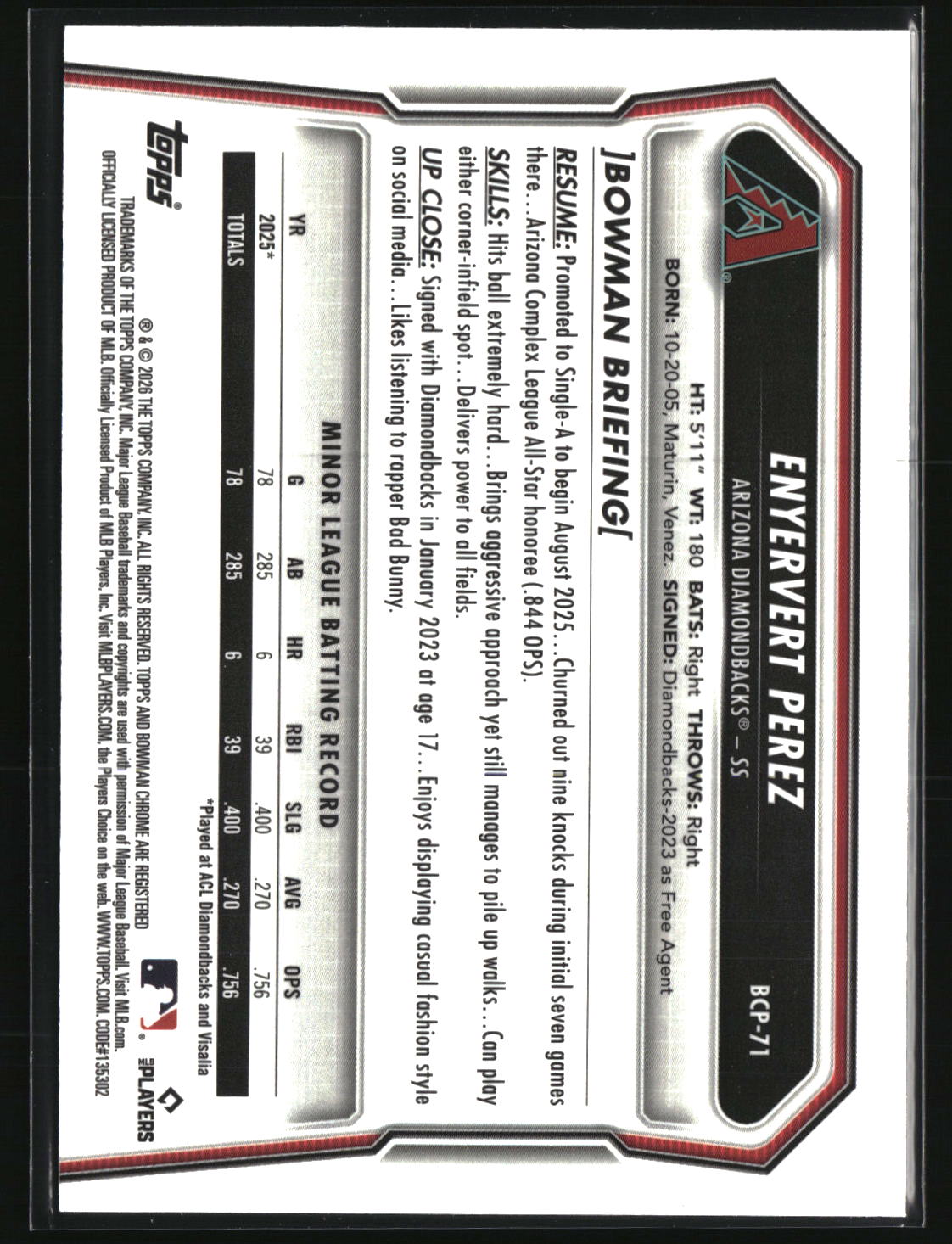 Enyervert Perez 2026 Bowman Chrome Prospects #BCP-71