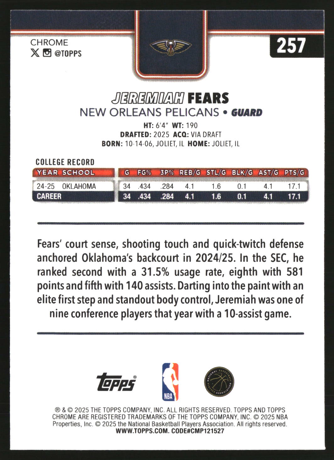 Jeremiah Fears 2025-26 Topps Chrome #257