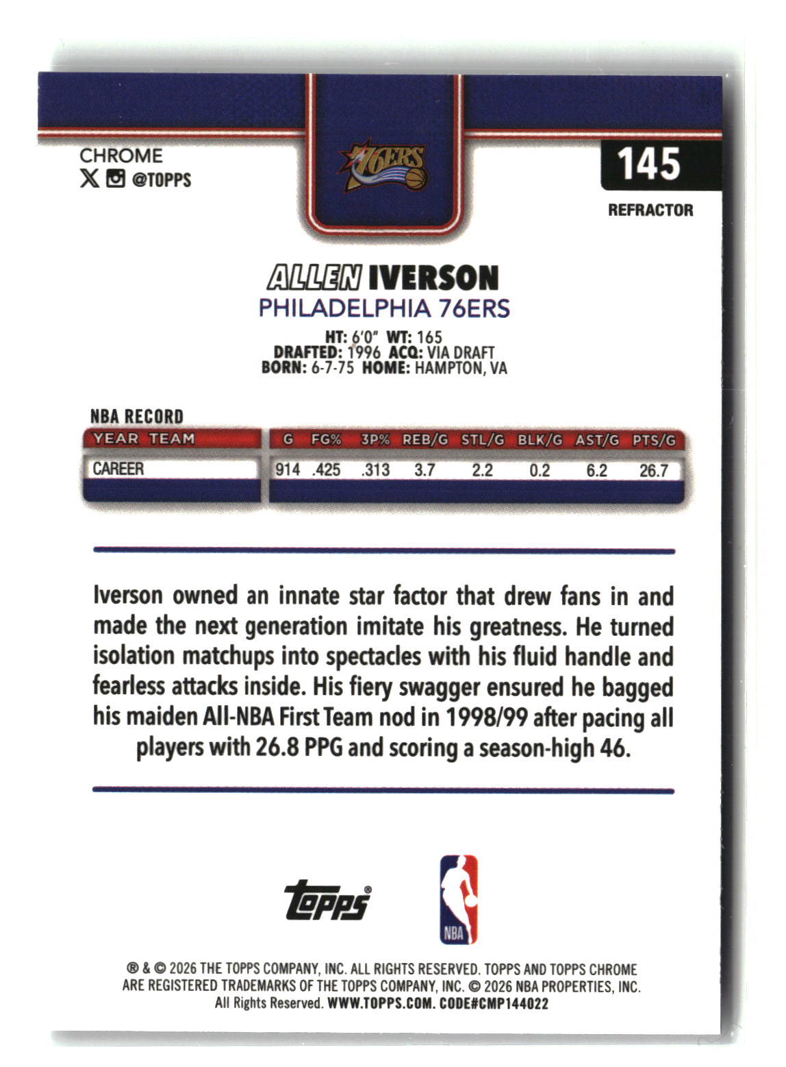 Allen Iverson 2025-26 Topps Chrome Update Refractor #145