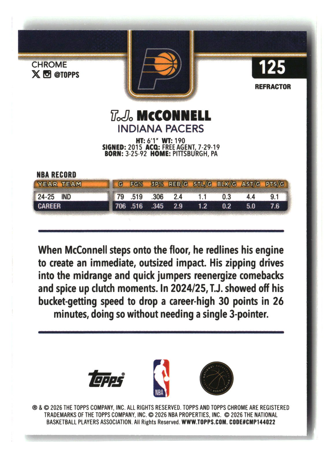 T.J. McConnell 2025-26 Topps Chrome Update Refractor #125