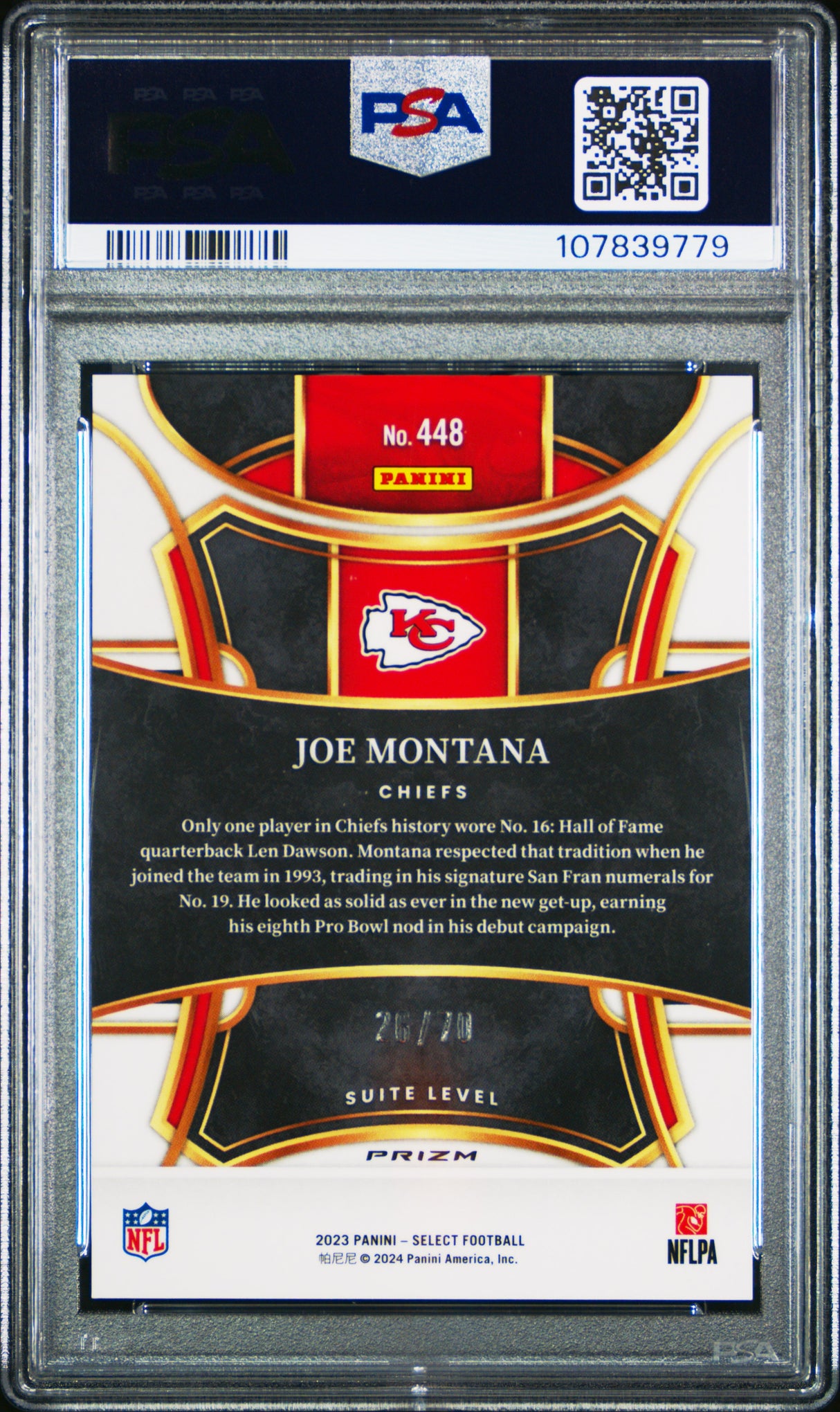 Joe Montana 2023 Panini Select Dragon Scale Prizm #448 26/70 PSA 10