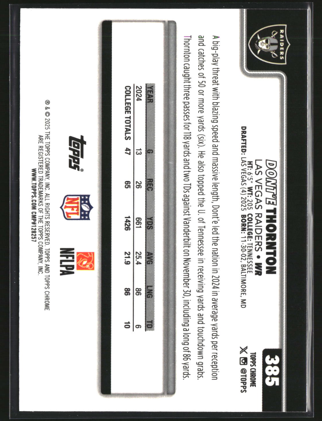 Dont'e Thronton Jr 2025 Topps Chrome Football Football Leather Refractor #385
