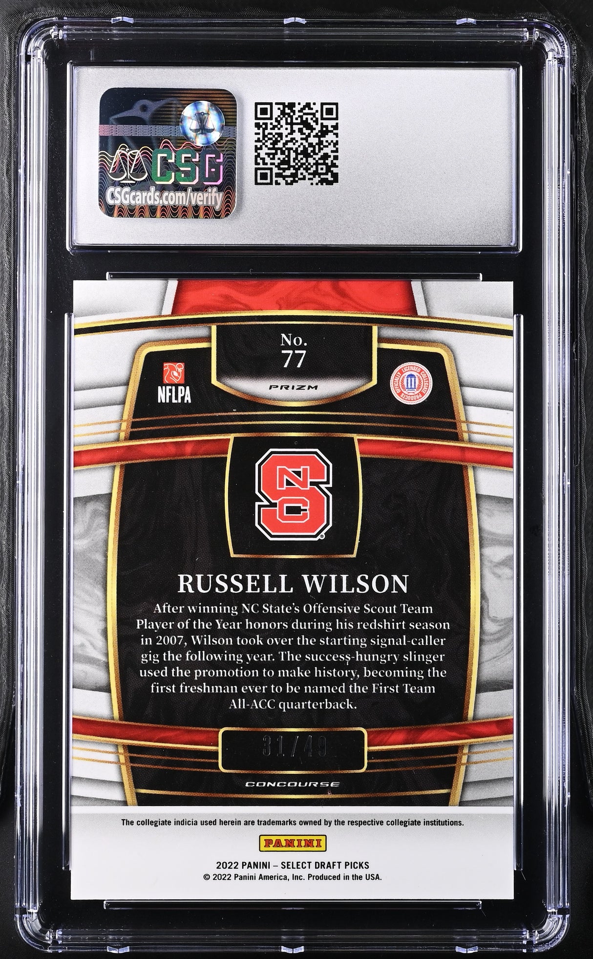 Russell Wilson 2022 Panini Select Draft Picks Orange #77 /49 CGC 9