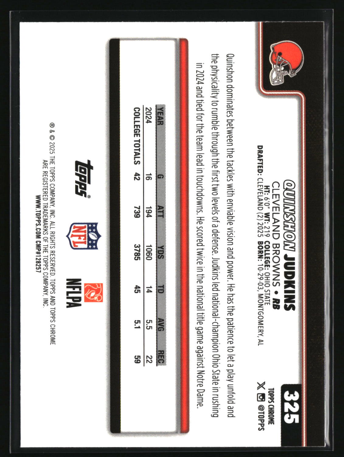 Quinshon Judkins 2025 Topps Chrome #325