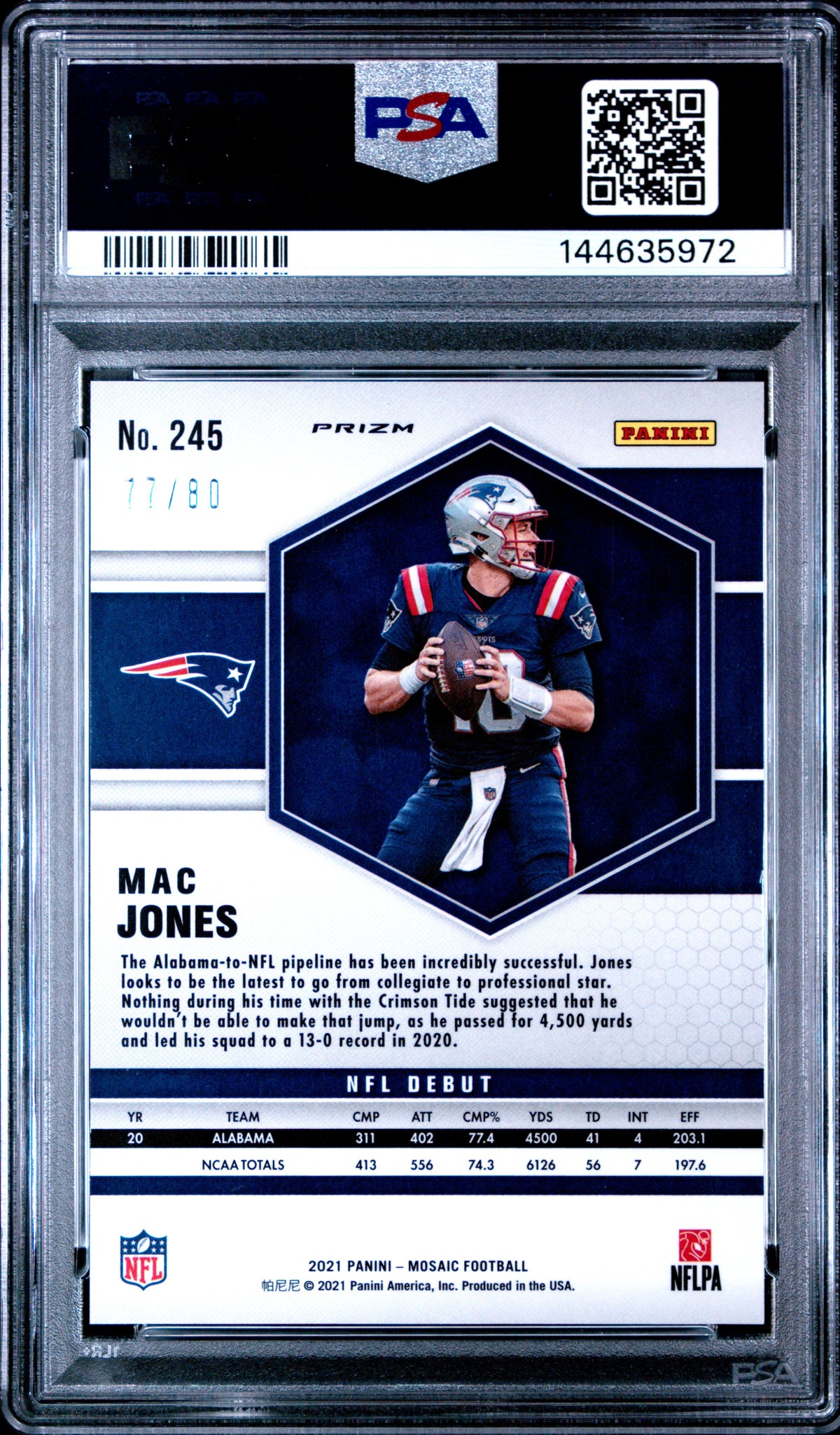 Mac Jones 2021 Panini Mosaic Choice Prizm Fusion Red and Yellow #245 #/80 PSA 9