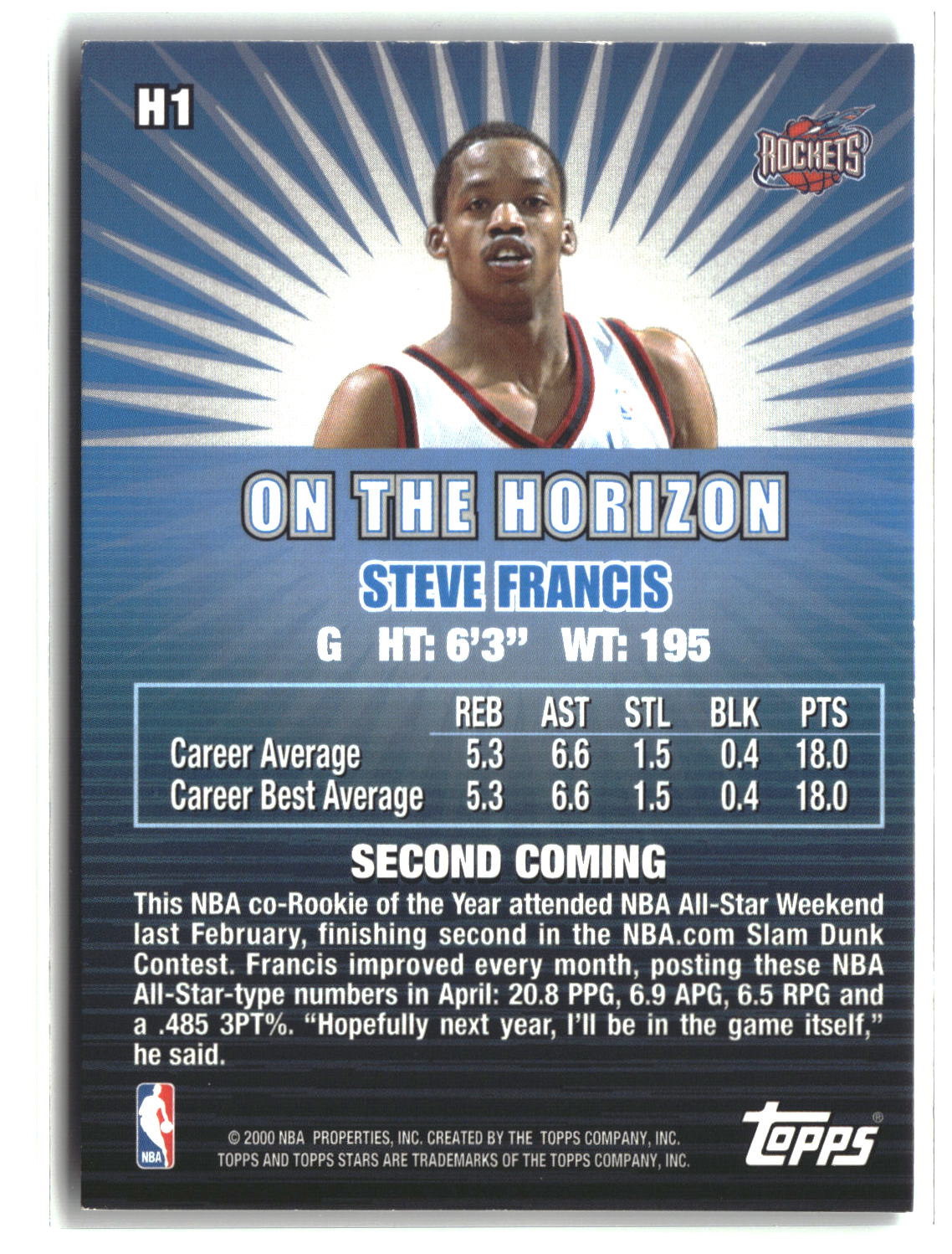 Steve Francis 2000-01 Topps Stars On the Horizon #H1