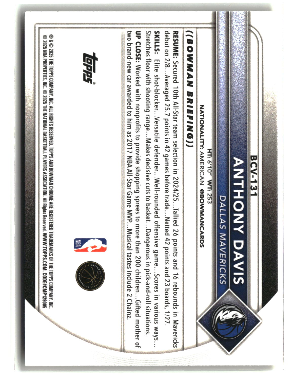 Anthony Davis 2025-26 Bowman Chrome Yellow Wave Refractors #BCV-131 #/75