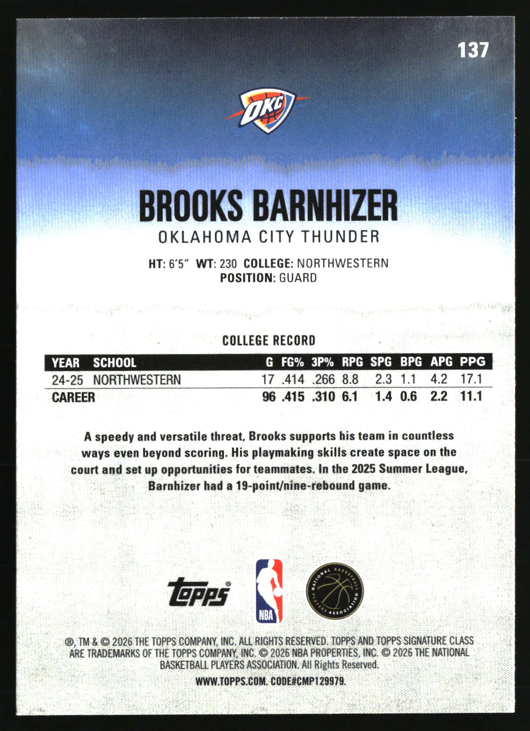 Brooks Barnhizer 2025-26 Topps Signature Class #137
