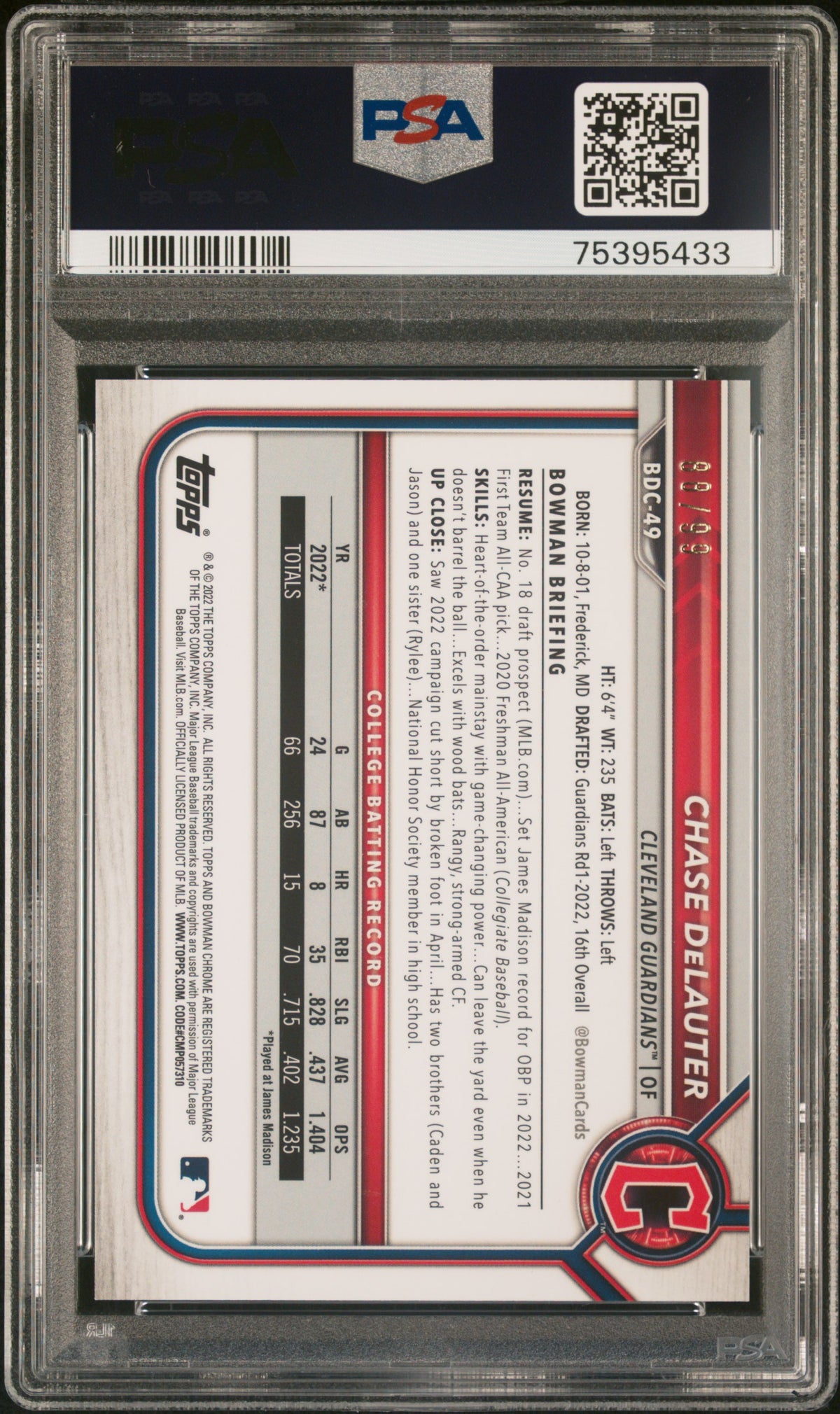 Chase DeLauter 2022 Bowman Draft Chrome Green Refractor #BDC-49 #/99 PSA 10