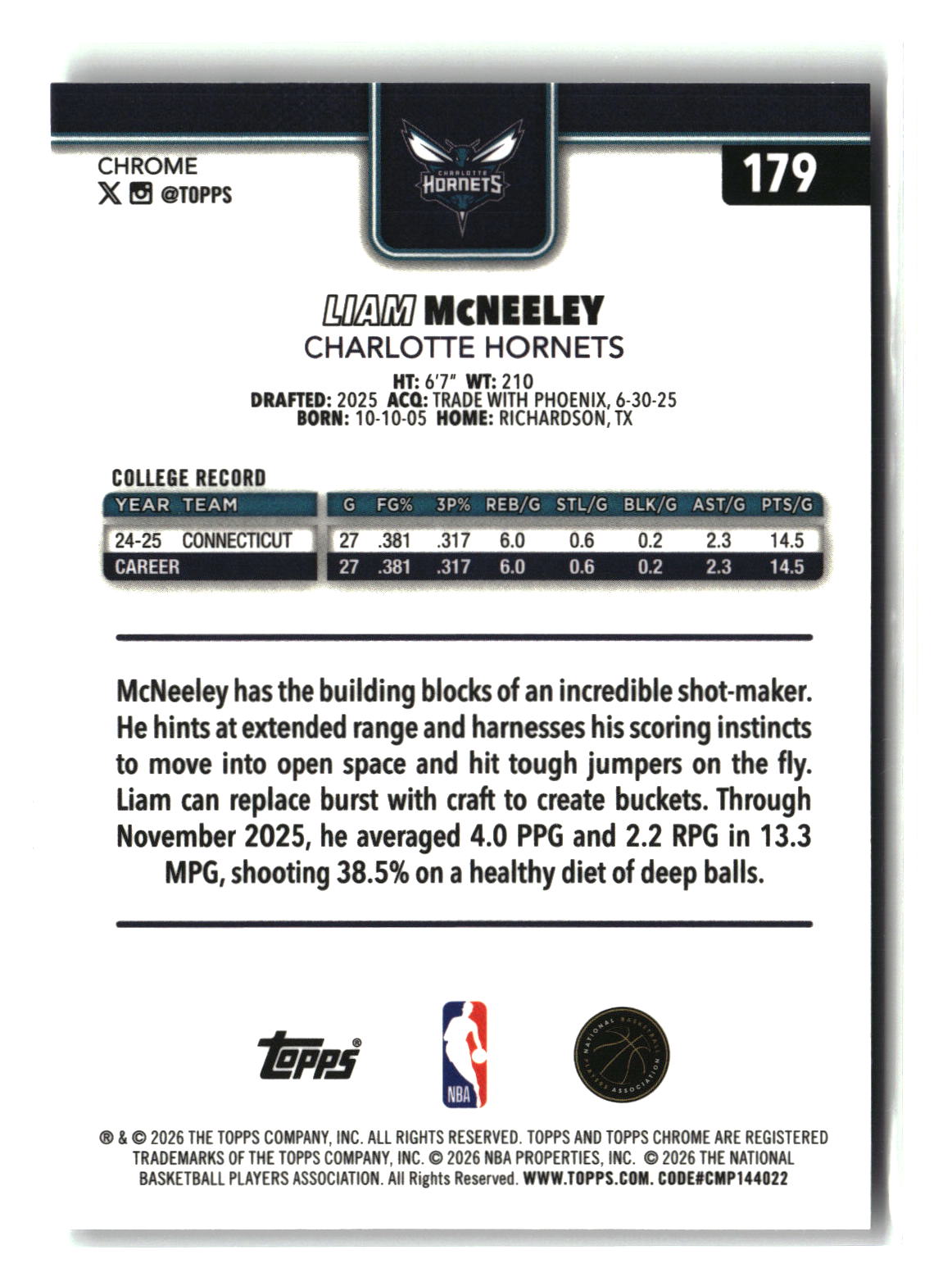 Liam McNeeley 2025-26 Topps Chrome Update #179