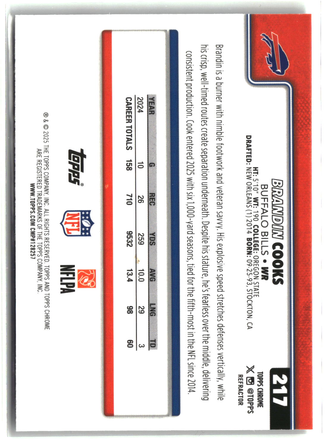 Brandin Cooks 2025 Topps Chrome Refractor #217