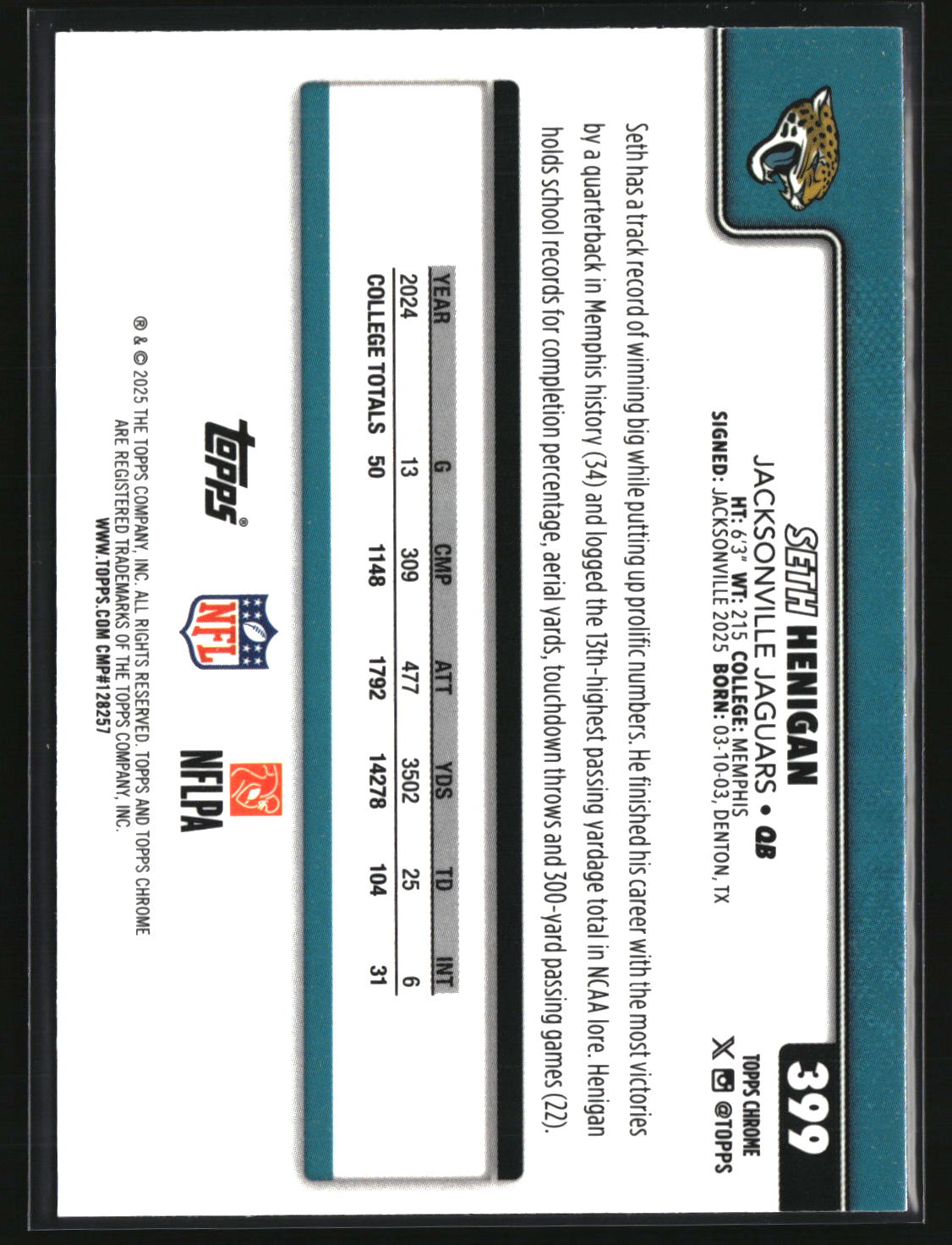 Seth Henigan 2025 Topps Chrome Football #399