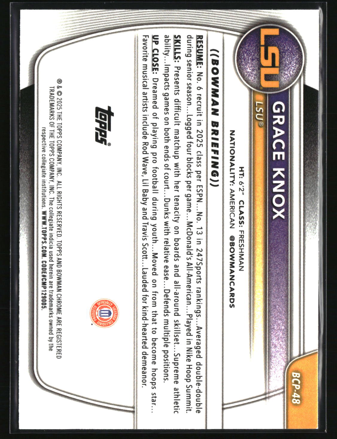 Grace Knox 2025-26 Bowman Chrome Prospects Reptilian Refractor #BCP-48