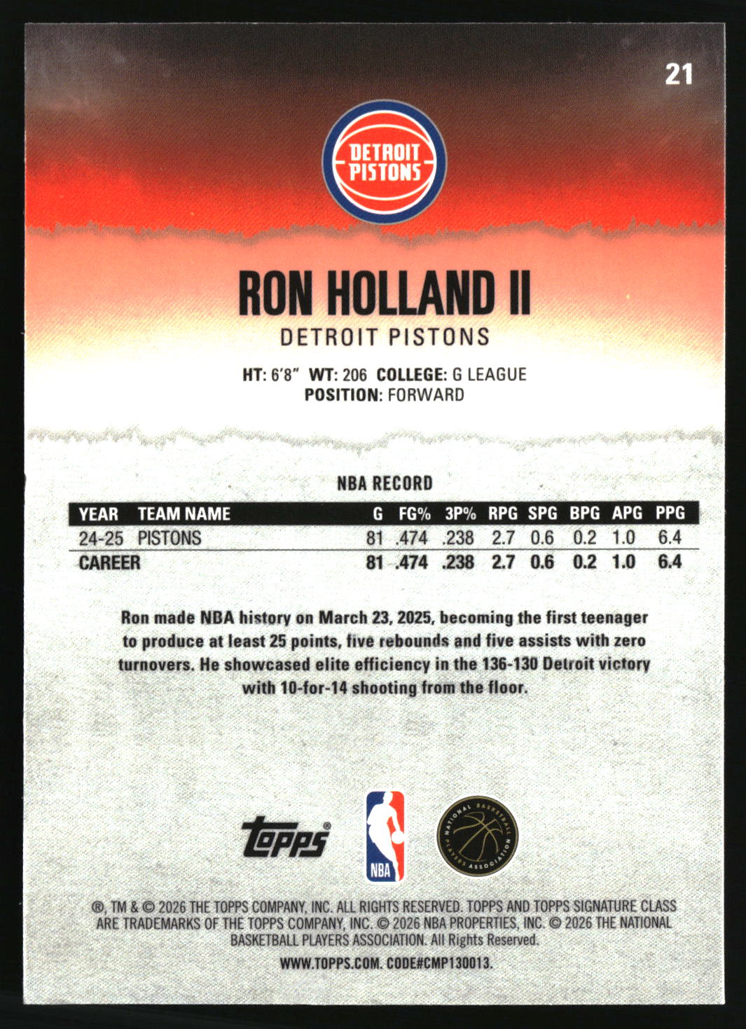 Ron Holland II 2025-26 Topps Signature Class Chrome #21