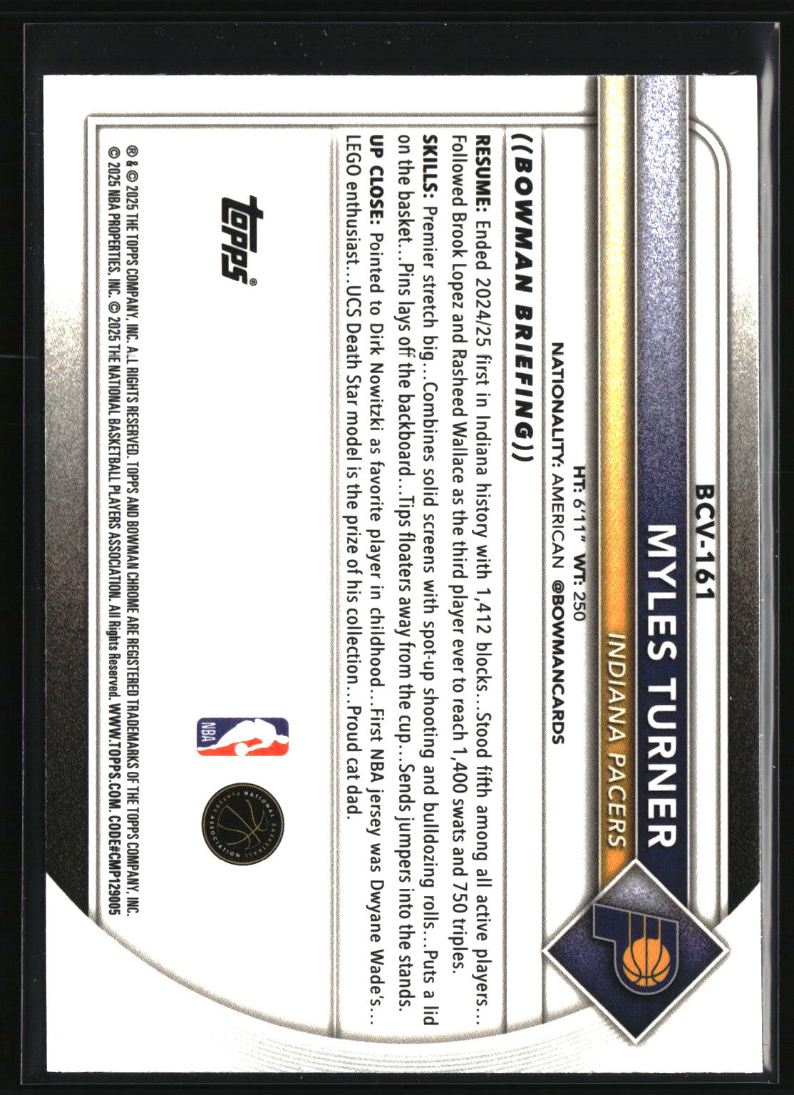 Myles Turner 2025-26 Bowman Chrome Reptilian Refractor #BCV-161