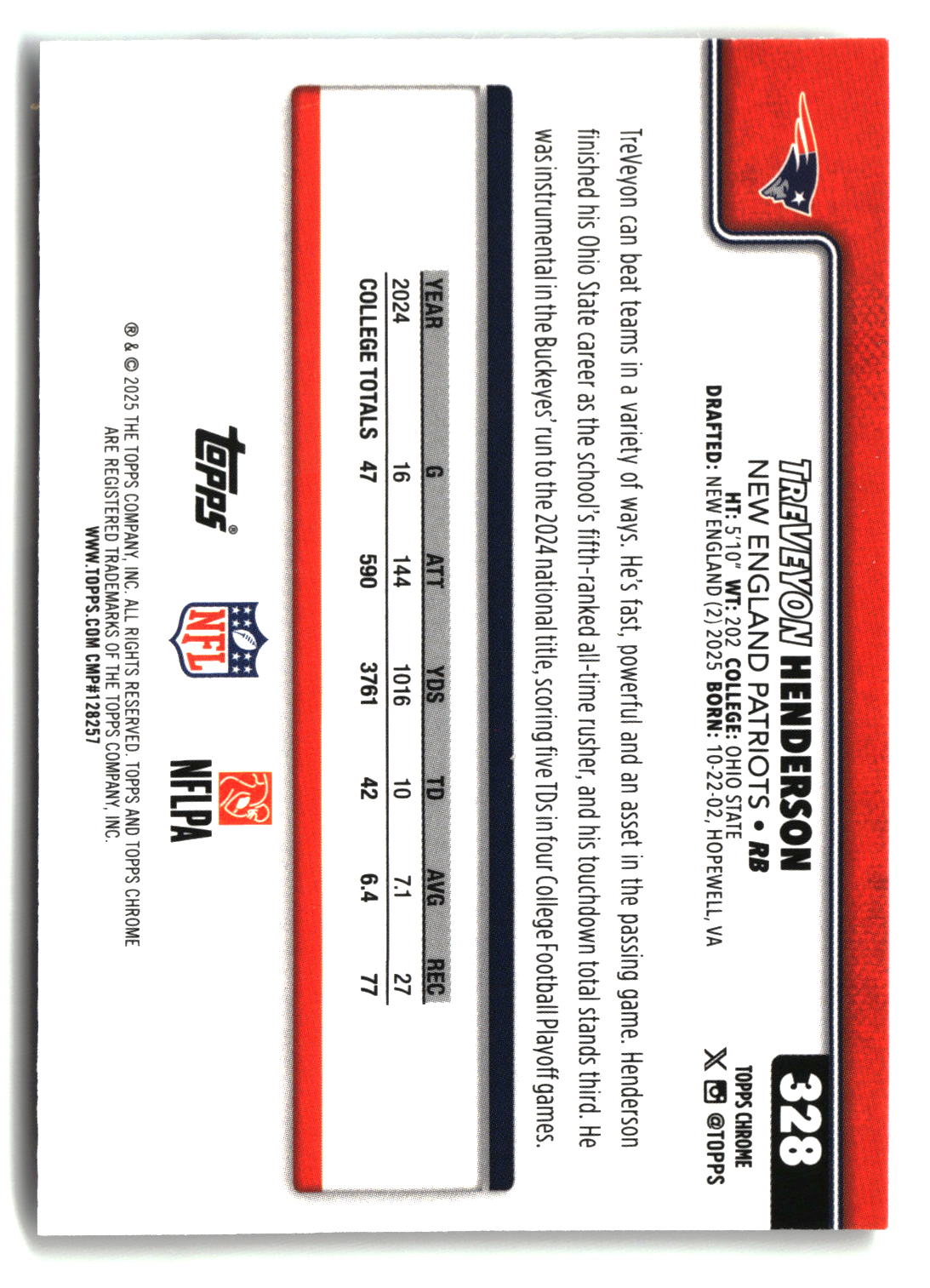 TreVeyon Henderson 2025 Topps Chrome #328