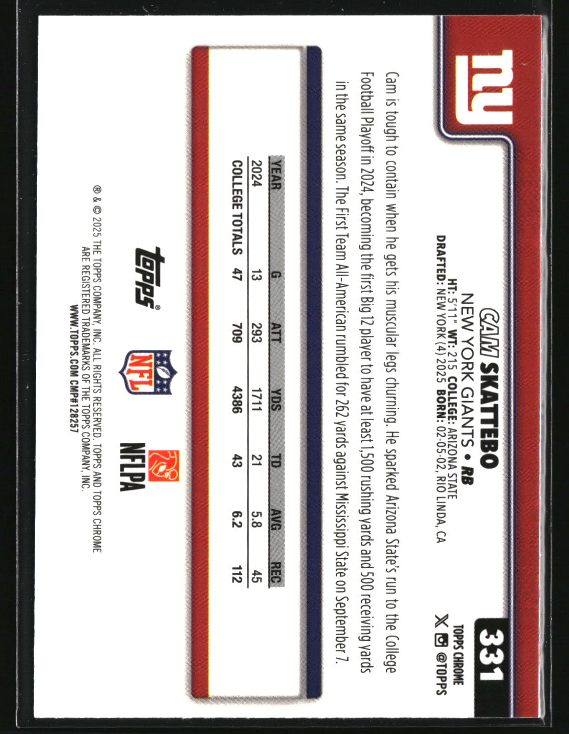 Cam Skattebo 2025 Topps Chrome #331