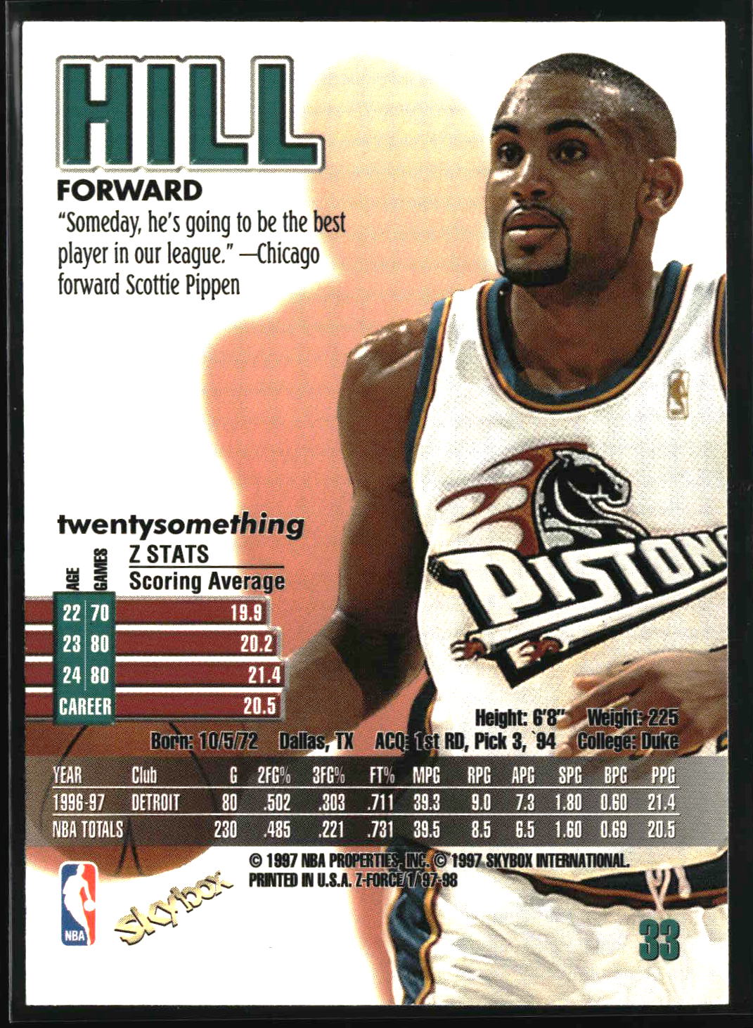 Grant Hill 1997-98 SkyBox Z-Force #33