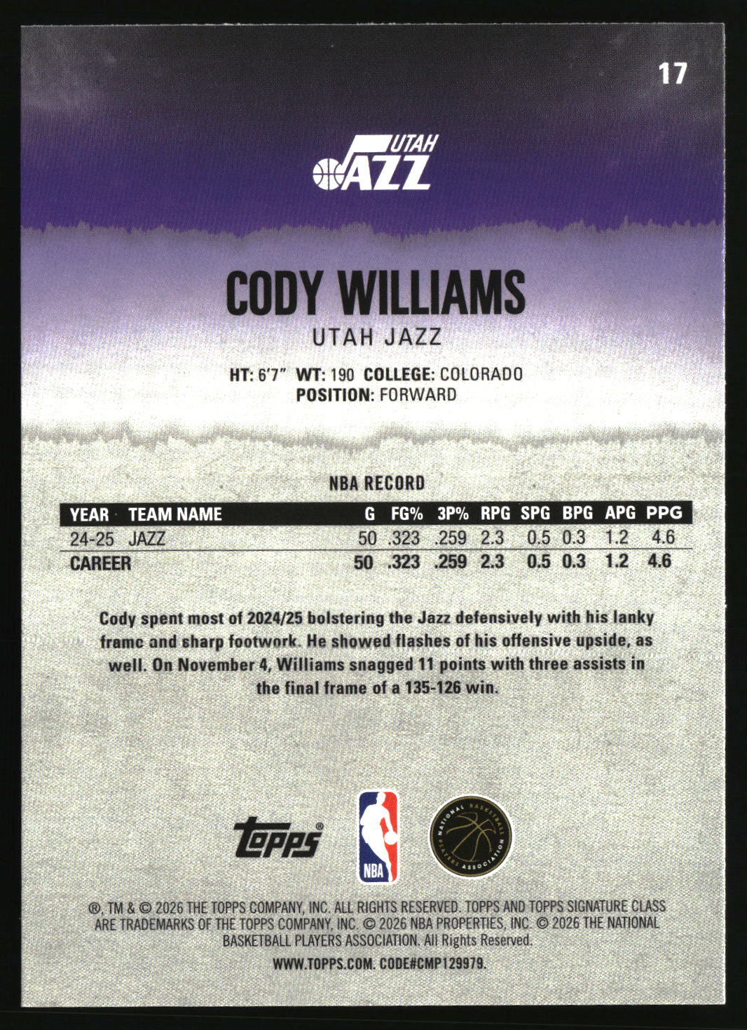 Cody Williams 2025-26 Topps Signature Class #17